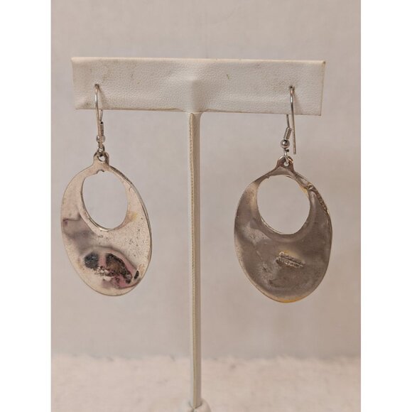 Vintage Alpaca Mexico Red & Silver Oval Drop Earrings M-O-P Inlay & Hook Closure - Picture 3 of 7